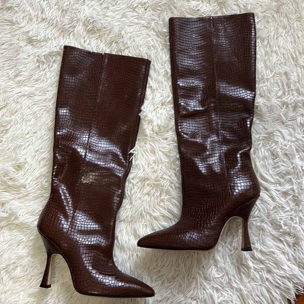 Stuart Weitzman Brown Croc-Embossed Leather Knee Boots